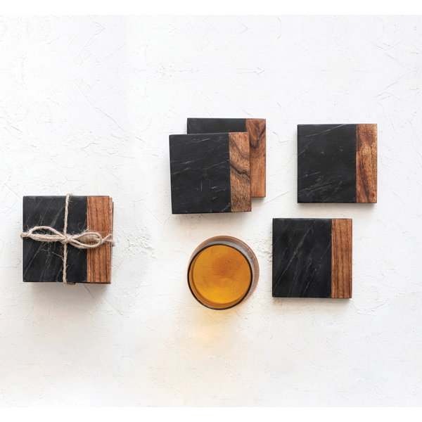Square Marble &amp; Acacia Wood Coasters in Black &amp; Natural.