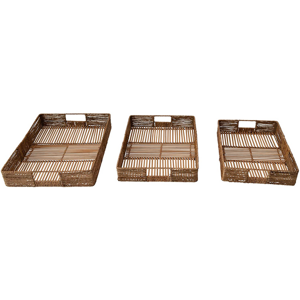 Hand-Woven Decorative Bamboo and Jute Tray, with Handles, Set of 3