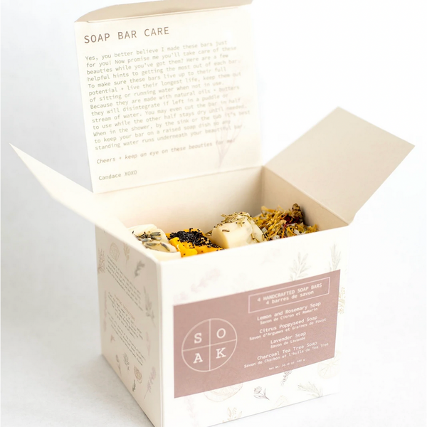 Soap Box - includes 4 soap bars: Citrus Poppyseed, Lavender, Charcoal Tea Tree and Lemon Rosemary