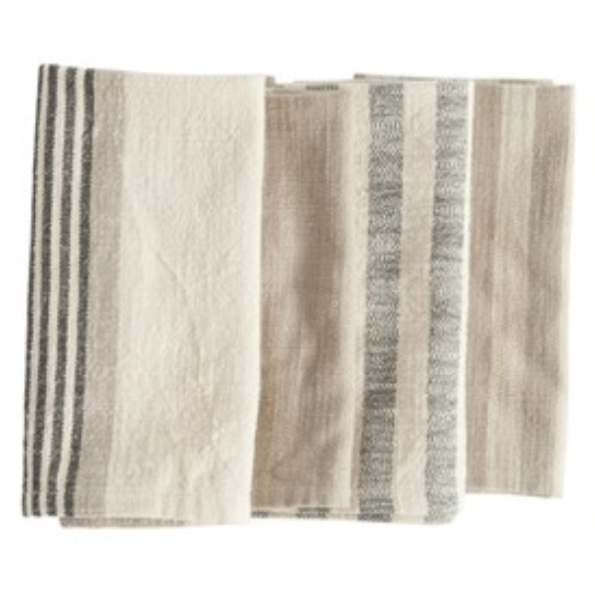 Square Woven Cotton Striped Napkins, Taupe, Black &amp; Cream Color, Set of 4