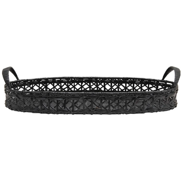 Decorative Hand-Woven Rattan Tray with Handles, Black