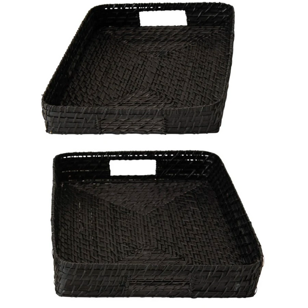 Hand-Woven Decorative Trays in Black, Set of 2