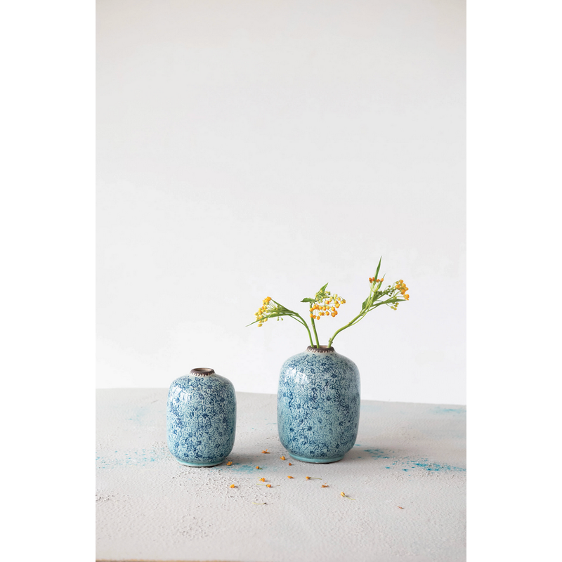 Terra-cotta Vase with Floral Pattern, Distressed Blue