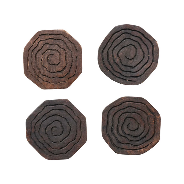 Round Hand-Carved Mango Wood Coasters in a set of 4.