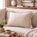 Ruffle Gingham Cushion in Beige