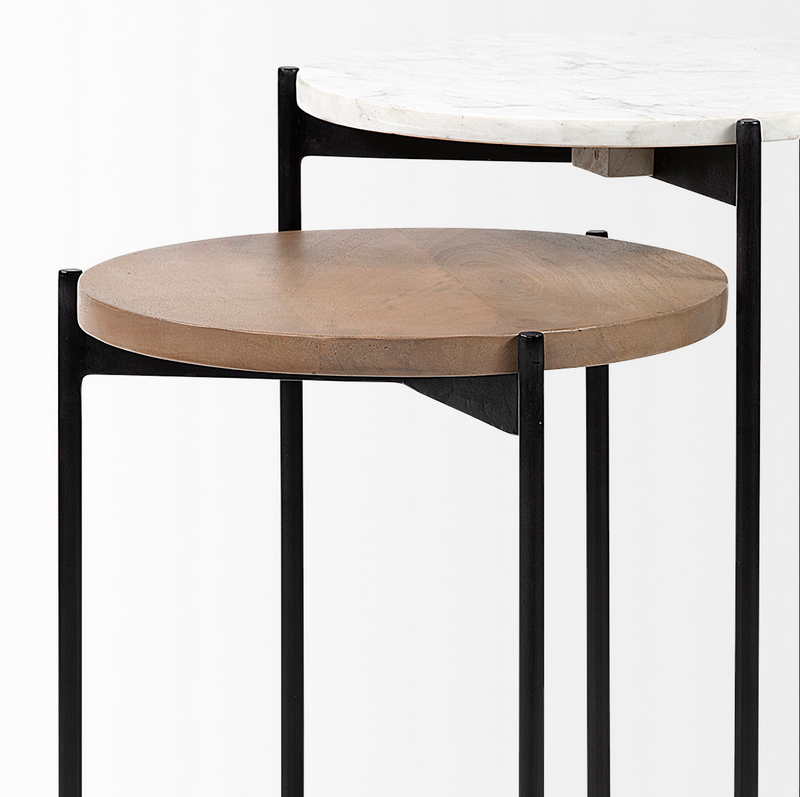 Larkin Nesting End/Side Tables - Marble and Medium Brown Wood Tabletop