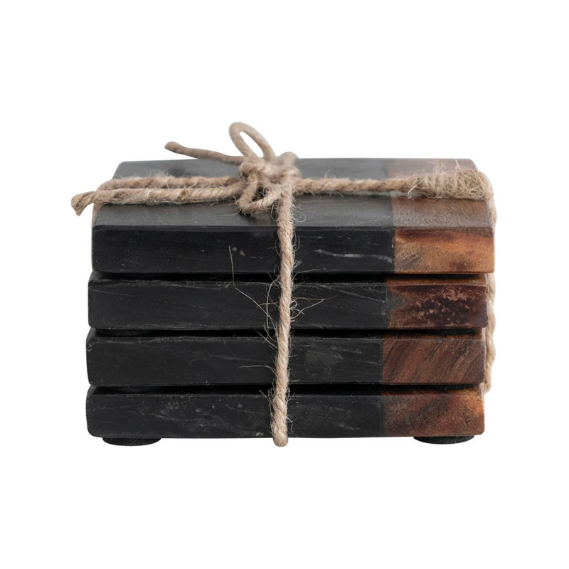 Square Marble & Acacia Wood Coasters in Black & Natural.