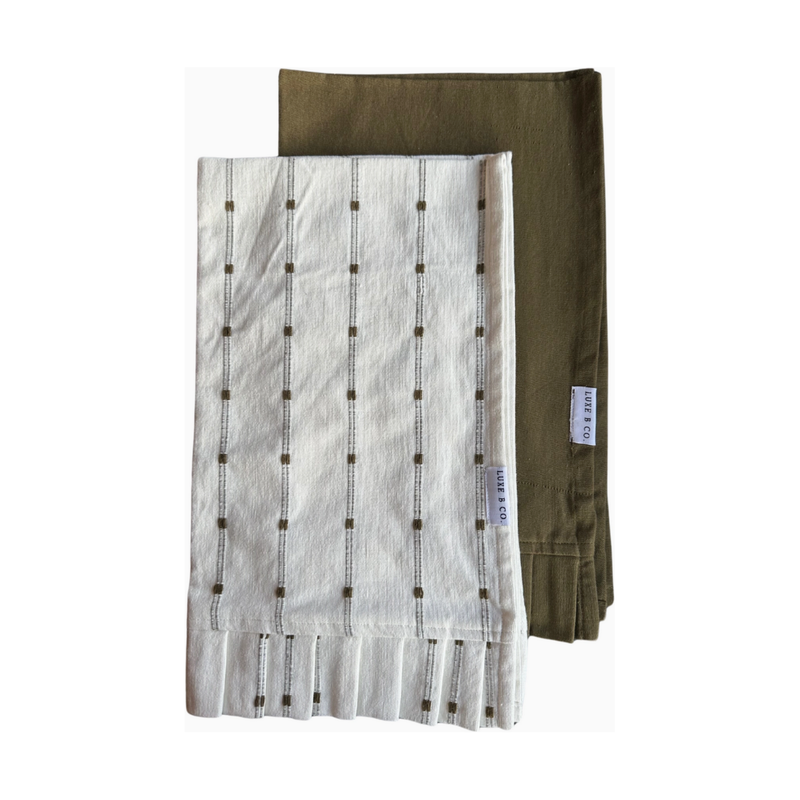 Ruffle Embroidery Tea Towel in Olive Stripes - Set of 2