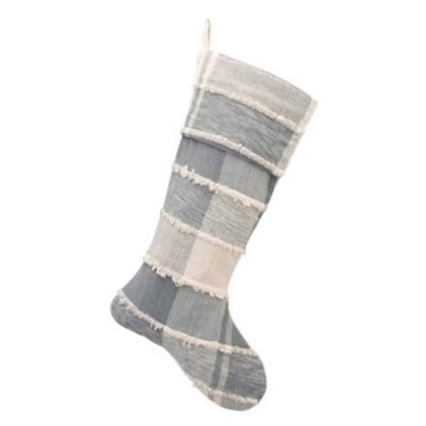 20"H Woven Cotton Plaid Stocking w/ Frayed Edges, Grey & Cream Color