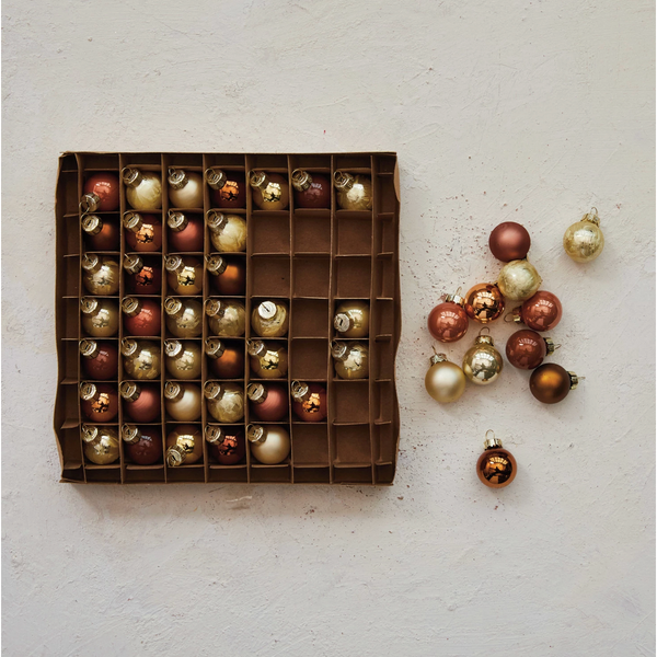 Glass Ball Ornaments, Brown & Gold Finish, Boxed Set of 49