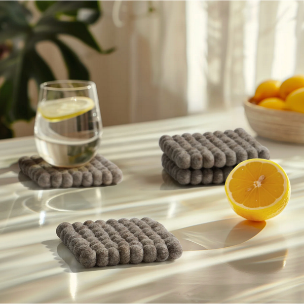 Modwool Felt Ball Square Coaster in Light Brown - Set of 4