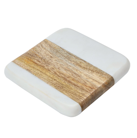 Marble and Acacia Wood Coasters, Set of 4