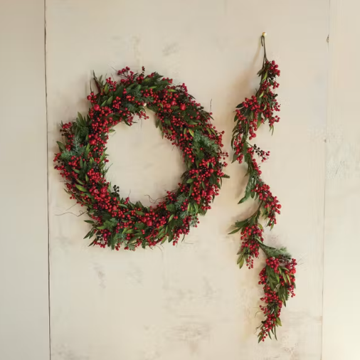 Spruce Garland with Red Berries & Pinecones