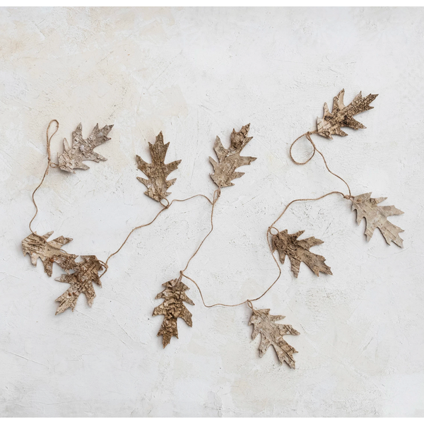 Birch Bark Oak Leaf Shaped Garland w/ Jute Cord, Natural