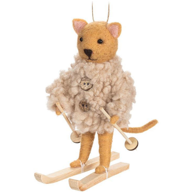 Skiing Cat with Fur Coat Ornament