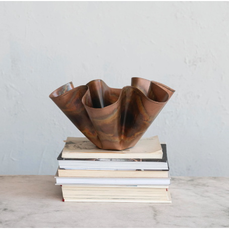 Decorative Metal Ruffled Bowl, Oxidized Copper Finish