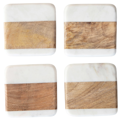 Marble and Acacia Wood Coasters, Set of 4