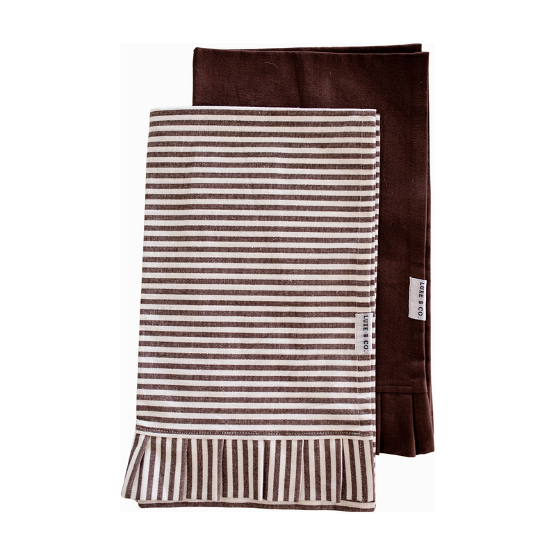 Ruffle Tea Towel in Brown/White Stripes - Set of 2