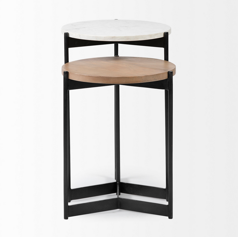 Larkin Nesting End/Side Tables - Marble and Medium Brown Wood Tabletop