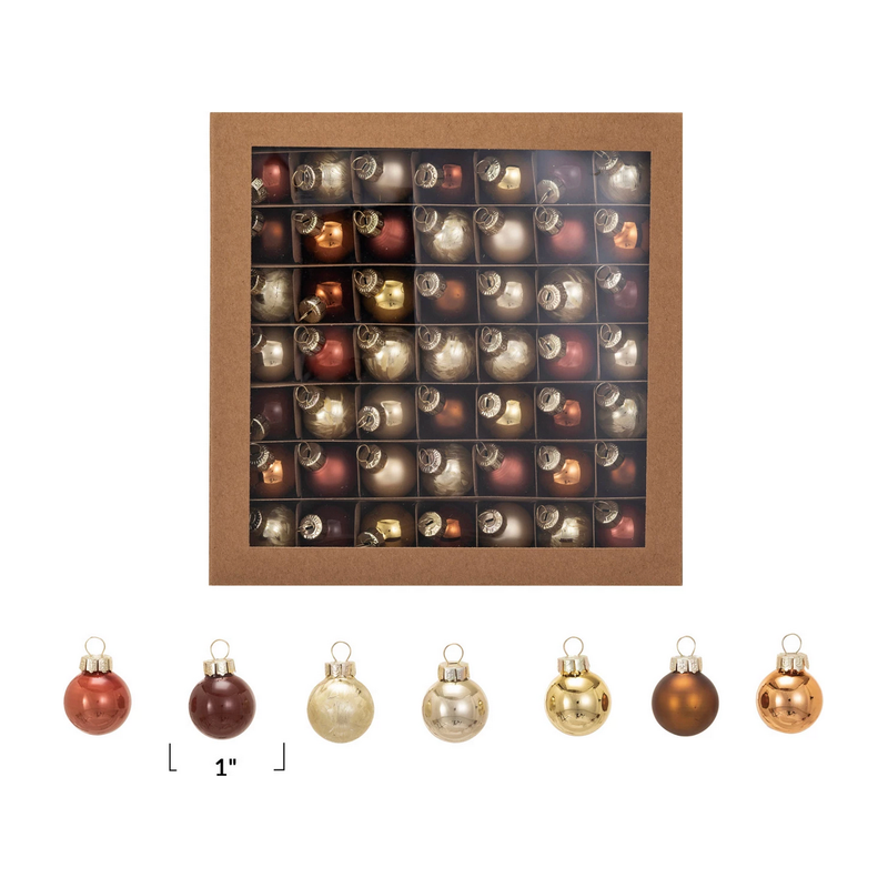 Glass Ball Ornaments, Brown & Gold Finish, Boxed Set of 49