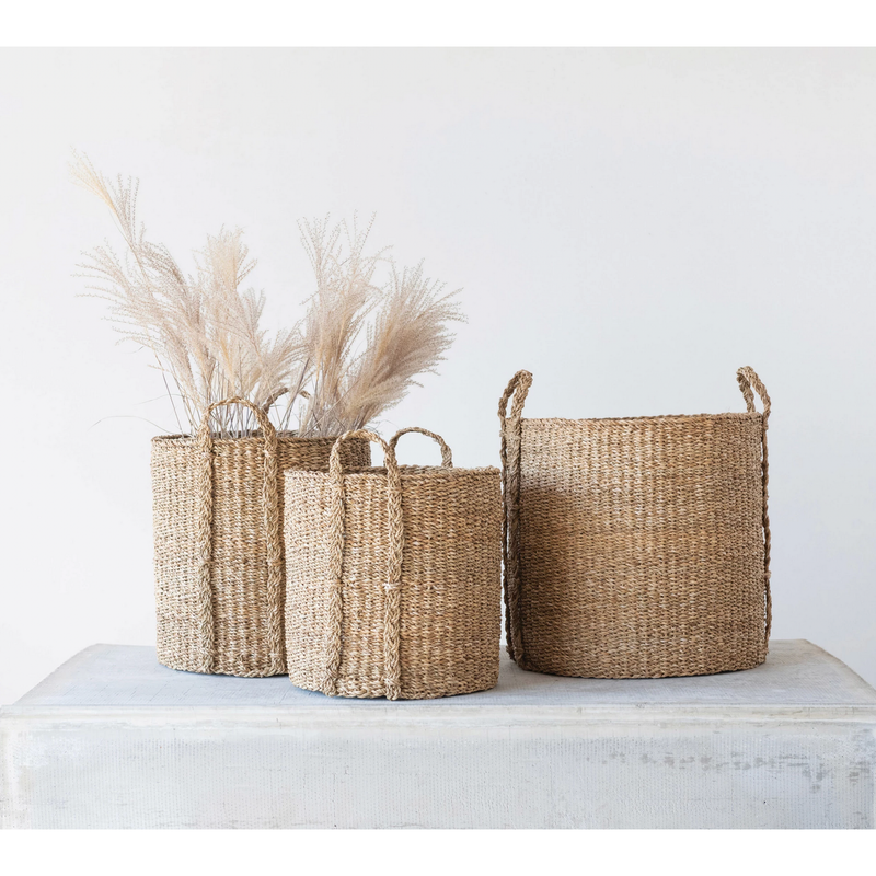 Hand-Woven Seagrass Baskets w/ Handles, Set of 3