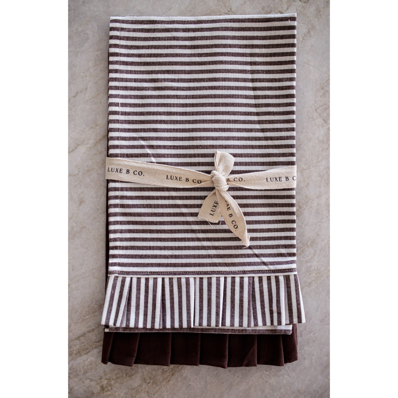 Ruffle Tea Towel in Brown/White Stripes - Set of 2