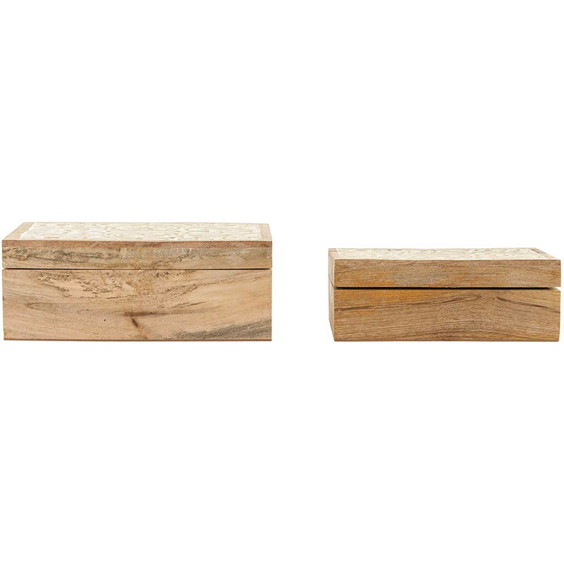 Hand-Carved Mango Wood Boxes, Whitewashed, Set of 2