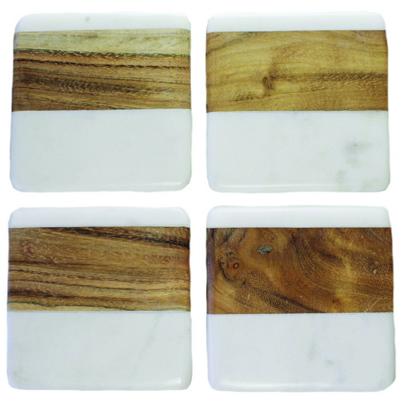 White Marble &amp; Wood Square Coasters, Set of 4