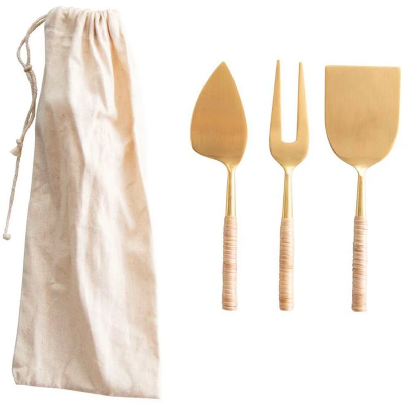 Stainless Steel Cheese Knives w/ Rattan Wrapped Handles in Drawstring Bag, Gold Finish, Set of 3