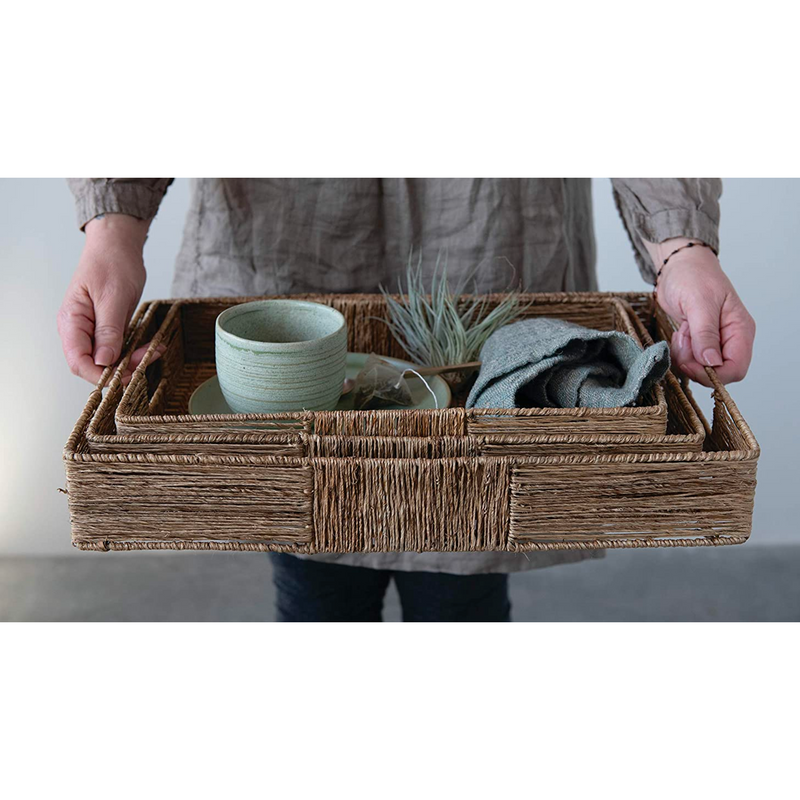 Hand-Woven Decorative Bamboo and Jute Tray, with Handles, Set of 3