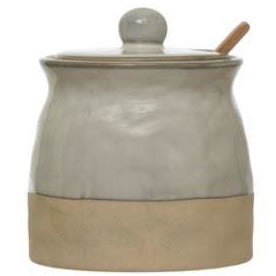 Stoneware Sugar Pot with Lid &amp; Wood Spoon, Reactive Glaze, White, Set of 2
