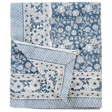 Primrose Block Print Tablecloth Grey Blue