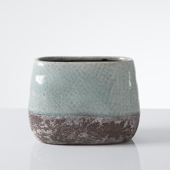 Corsica Ceramic Crackle 2 Tone Oval Pot Tall - Celadon Blue