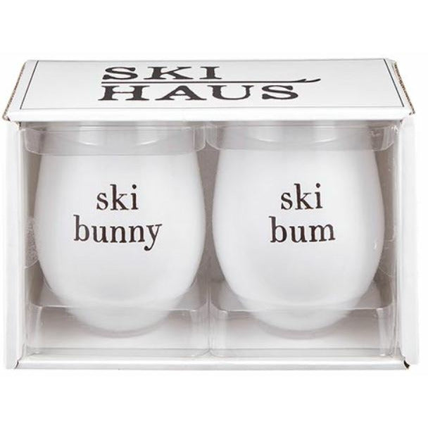 Ski Bum and Ski Bunny Stemless Wine Glass- Set of 2