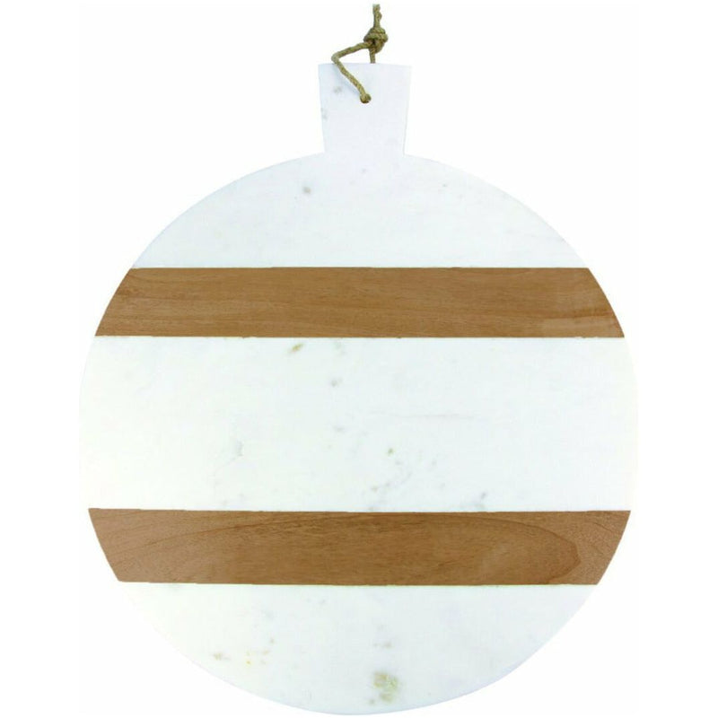 White Marble &amp; Wood Stripe Round Board with Handle, XL