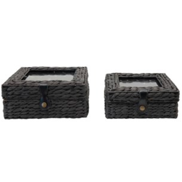 Hand-Woven Seagrass & Glass Display Box with Lid & Leather Closure, Black, Set of 2
