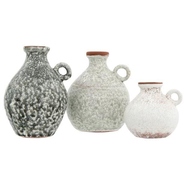 Terra-Cotta Vases, Reactive Glaze, Grey, Set Of Three