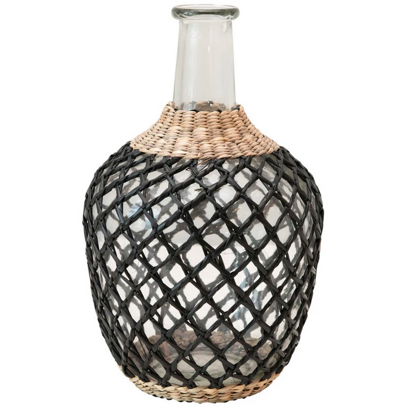 Glass Decanter with Seagrass Weave, Natural &amp; Black