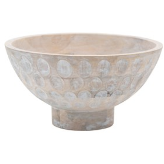 Mango Wood Footed Bowl with Carved Circles, Whitewashed