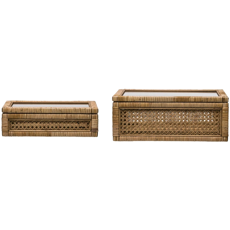 Woven Rattan & Wood Display Boxes w/ Glass Lid, Set of 2