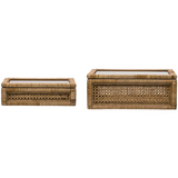 Woven Rattan &amp; Wood Display Boxes w/ Glass Lid, Set of 2