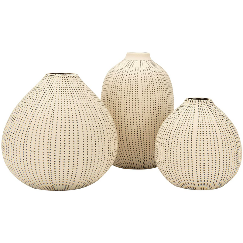 White Stoneware Vase with Textured Black Polka Dots (Set of 3 Sizes)