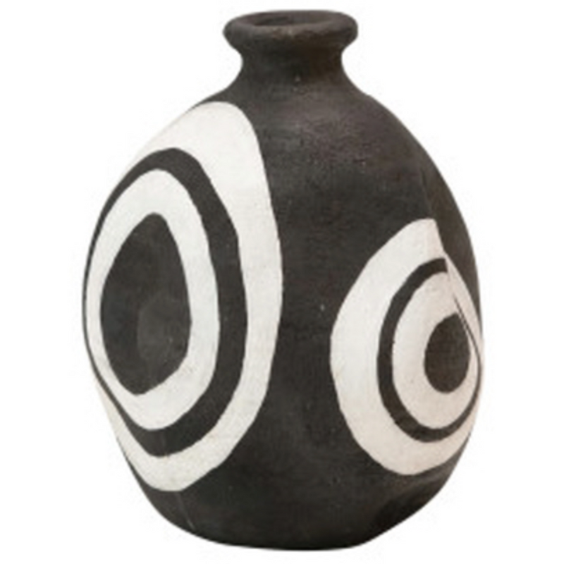 Handmade Terra-cotta Vase w/ Circles, Black &amp; White