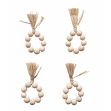 Wood Bead Napkin Rings with Raffia Tassel, Set of 4