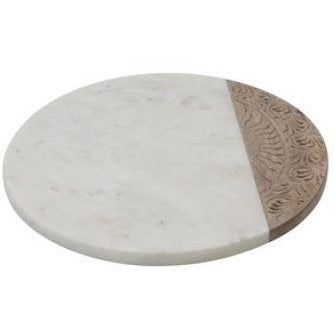 Hand-Carved Mango Wood &amp; Marble Serving Board with Engraved Design
