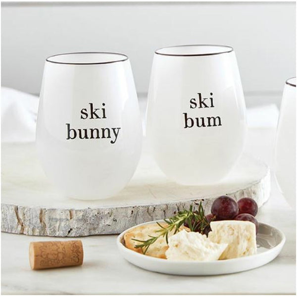 Ski Bum and Ski Bunny Stemless Wine Glass- Set of 2