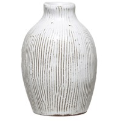 Terra-cotta Vase with Engraved Lines, White- Small