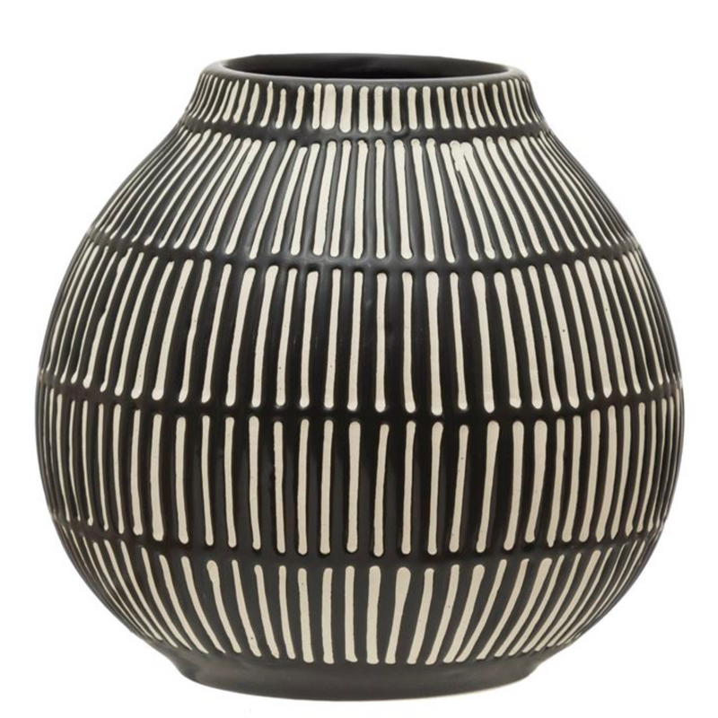Debossed Stoneware Vase, Black &amp; White