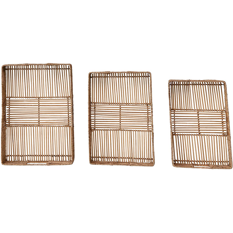 Hand-Woven Decorative Bamboo and Jute Tray, with Handles, Set of 3