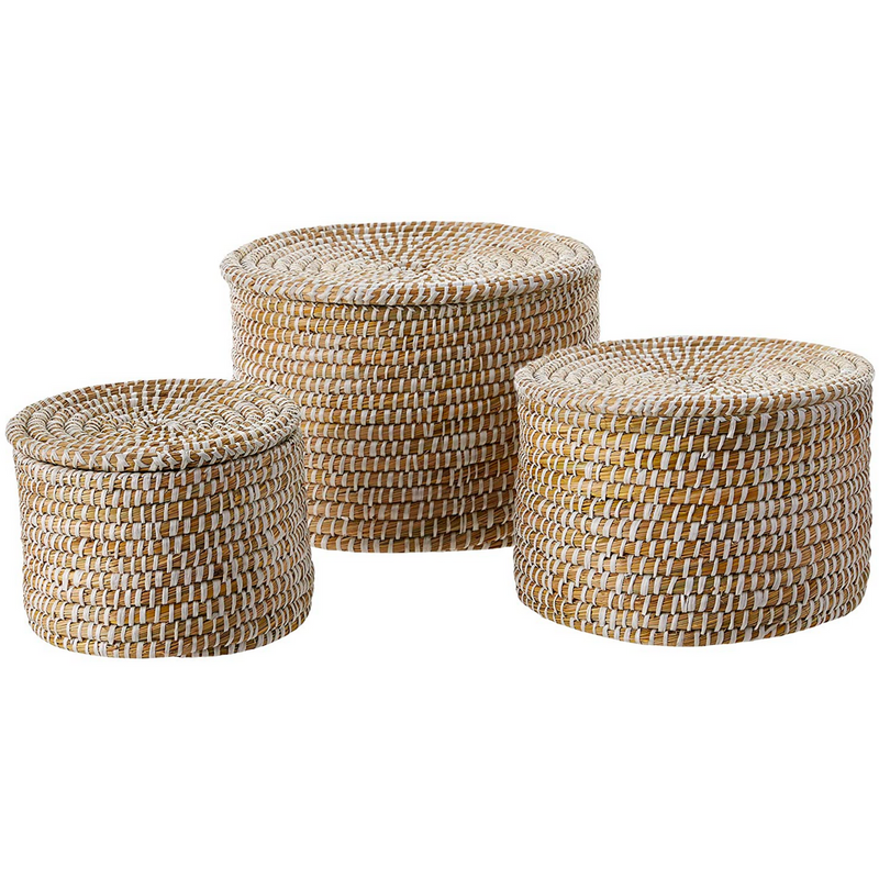 Natural Woven Seagrass Baskets w/ Lid, Whitewashed